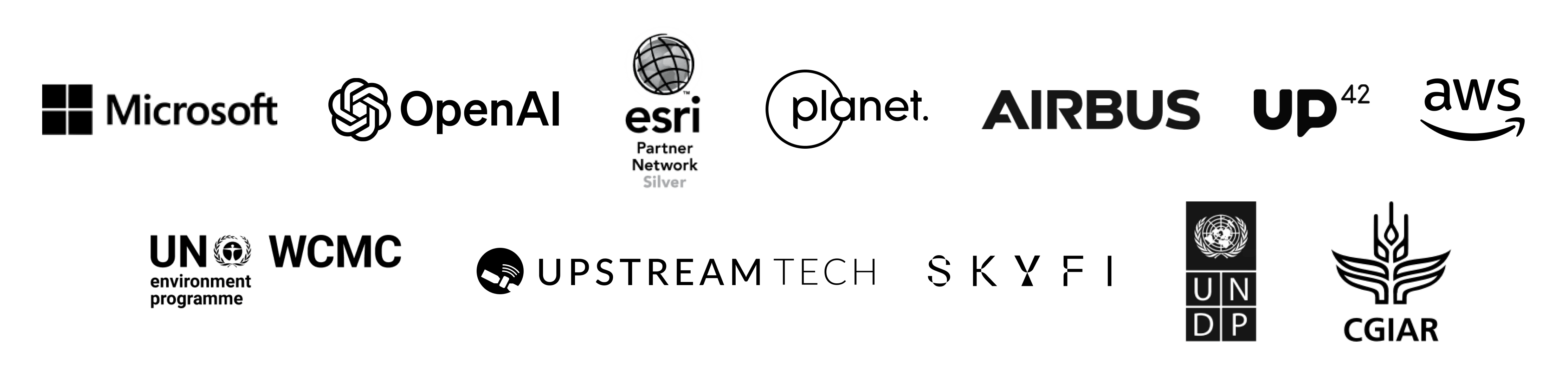 Partner logos include: UNDP, Microsoft, Esri, UNEP-WCMC, Planet, Upstream Tech, UP42, SkyFi, AWS, CGIAR